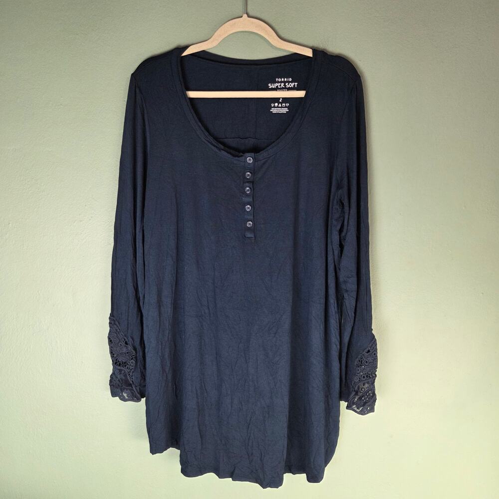 Torrid Womens 2X Blue Super Soft Knits Henley Long Lace Sleeves Basic Classic